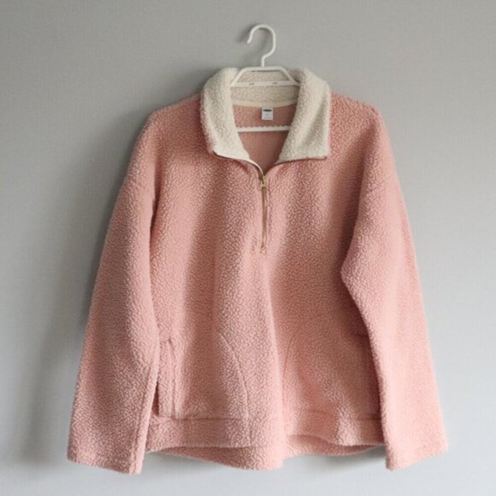 Old Navy Women's Sz Lrg Pink 1/2 Zip Sherpa Pullover Stretch Pocket Sweater